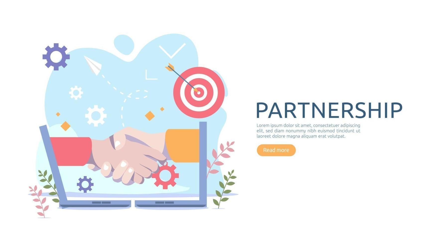 Geschäftsbeziehungskonzept mit Handshake und kleinem Menschencharakter Team arbeitet zusammen Vorlage für Web-Landingpage, Banner, Präsentation, Mockup, Social Media. Vektor-Illustration vektor