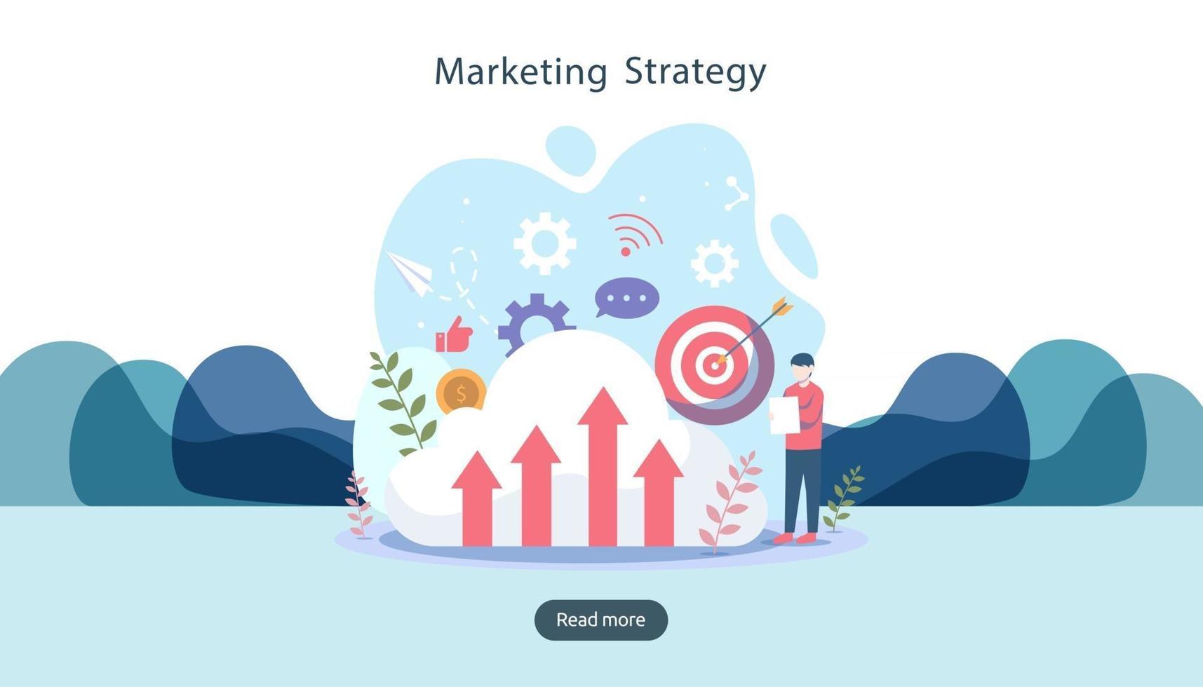 digital marknadsföringsstrategikoncept med små människor karaktär. online-e-handelsföretag i modern platt designmall för webbsidosida, banner, presentation, sociala medier. vektor illustration