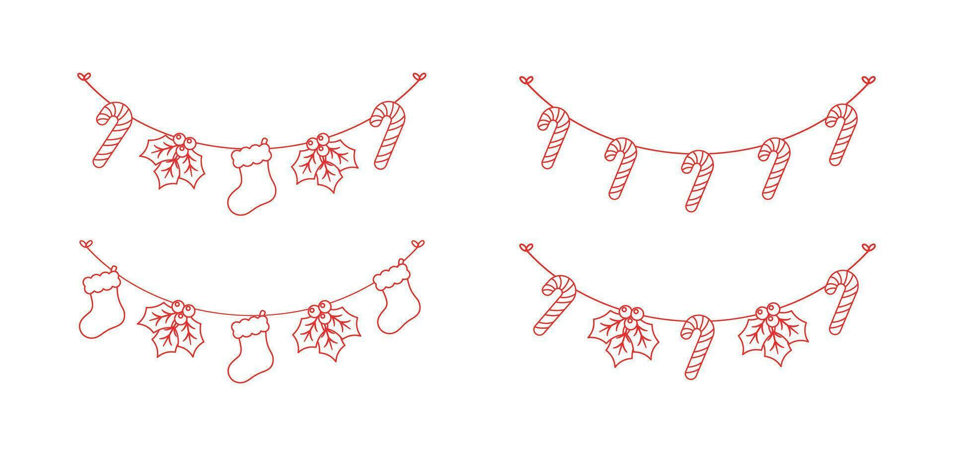 uppsättning av jul och vinter- Semester dekoration krans översikt klotter. jul dekoration element samling. santa hatt, strumpor, mistel, ornament, godis sockerrör. vektor illustration.