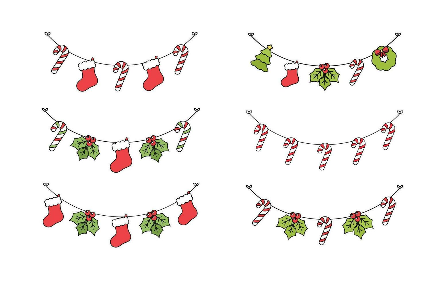 uppsättning av jul och vinter- Semester dekoration krans. jul dekoration element samling. santa hatt, strumpor, mistel, ornament, godis sockerrör. vektor illustration.