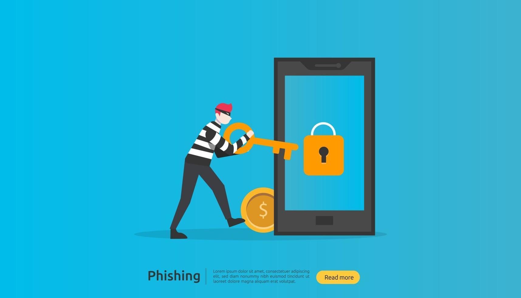 Passwort-Phishing-Angriffskonzept Zielseitenvorlage. Hacker stiehlt persönliche Internetsicherheit mit winzigem Menschencharakter. Web-, Banner-, Präsentations-, Social- und Printmedien. Vektor-Illustration vektor