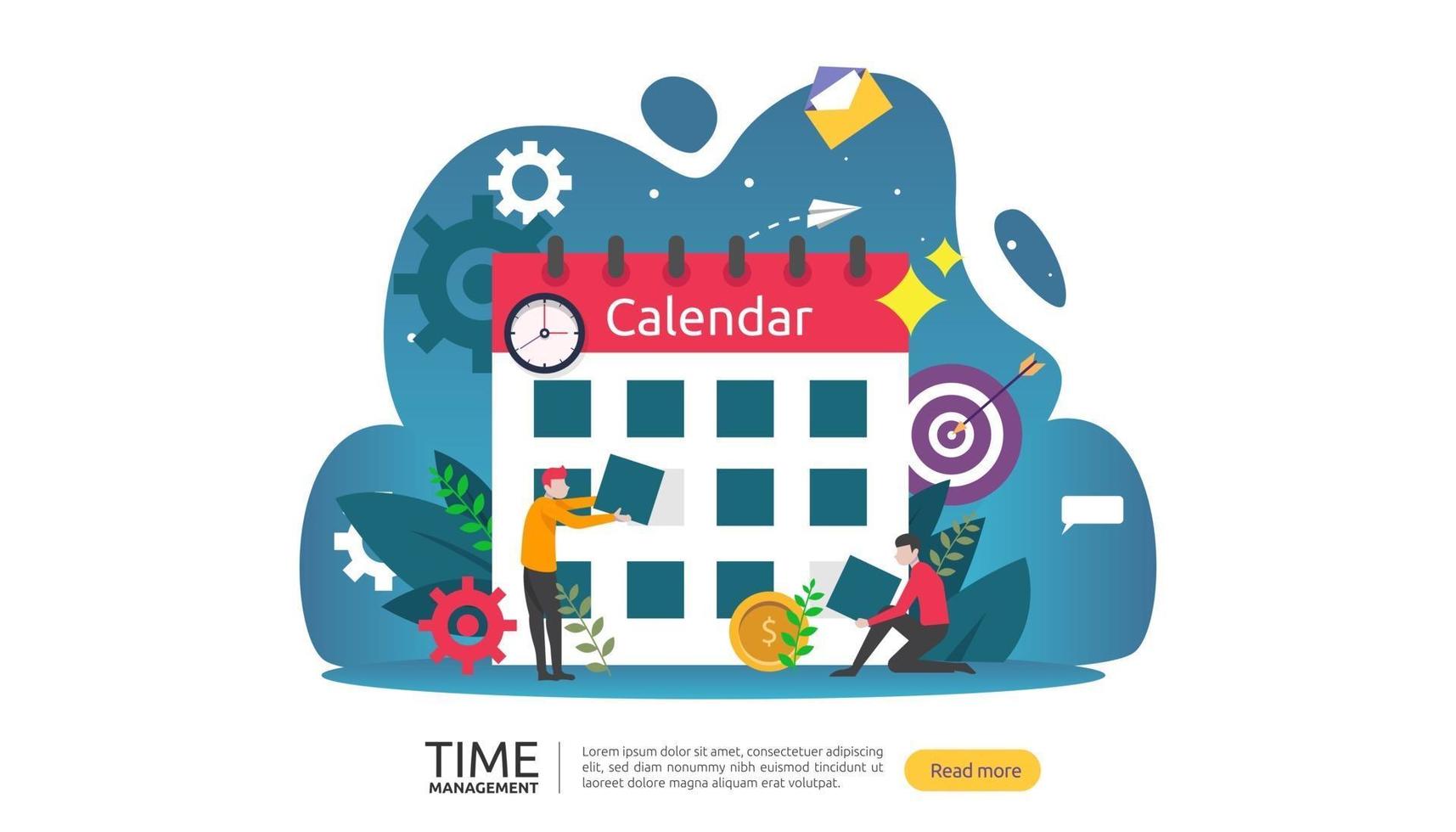 koncept för tidshantering och förhalning. planering och strategi för affärslösningar med klocka, kalender och små människor karaktär för presentation, sociala och tryckta medier. vektor illustration