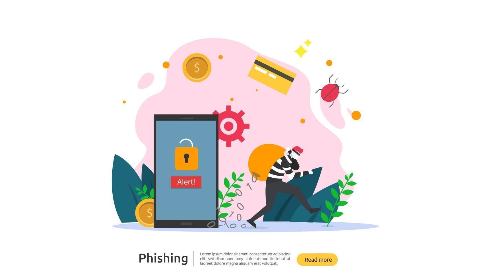Passwort-Phishing-Angriffskonzept Zielseitenvorlage. Hacker stiehlt persönliche Internetsicherheit mit winzigem Menschencharakter. Web-, Banner-, Präsentations-, Social- und Printmedien. Vektor-Illustration vektor