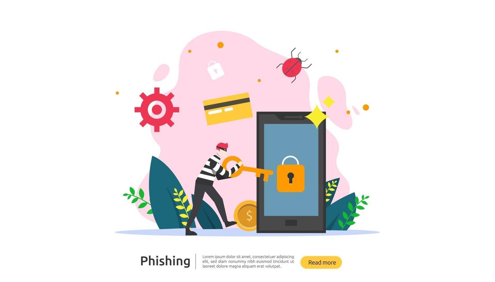 Passwort-Phishing-Angriffskonzept Zielseitenvorlage. Hacker stiehlt persönliche Internetsicherheit mit winzigem Menschencharakter. Web-, Banner-, Präsentations-, Social- und Printmedien. Vektor-Illustration vektor