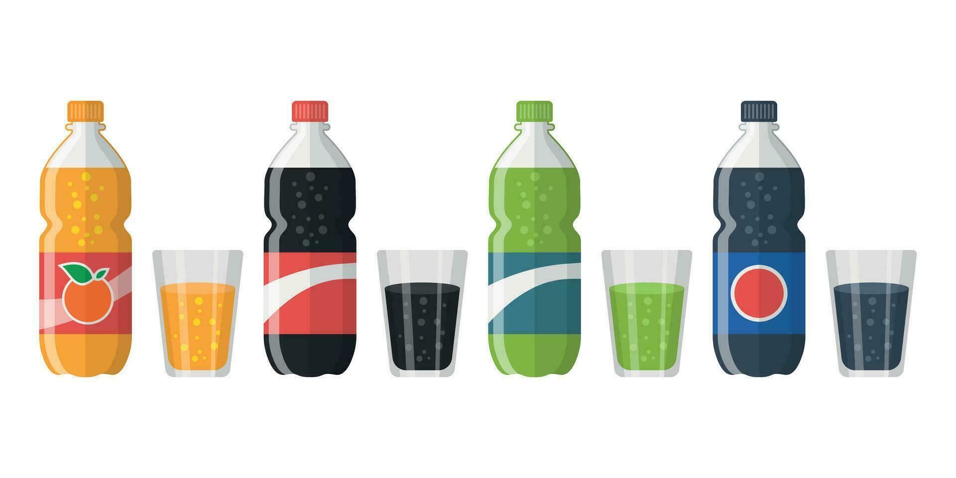 soda dryck ikoner uppsättning i platt stil. plast flaska och glas vektor illustration på isolerat bakgrund. vatten dryck tecken företag begrepp.