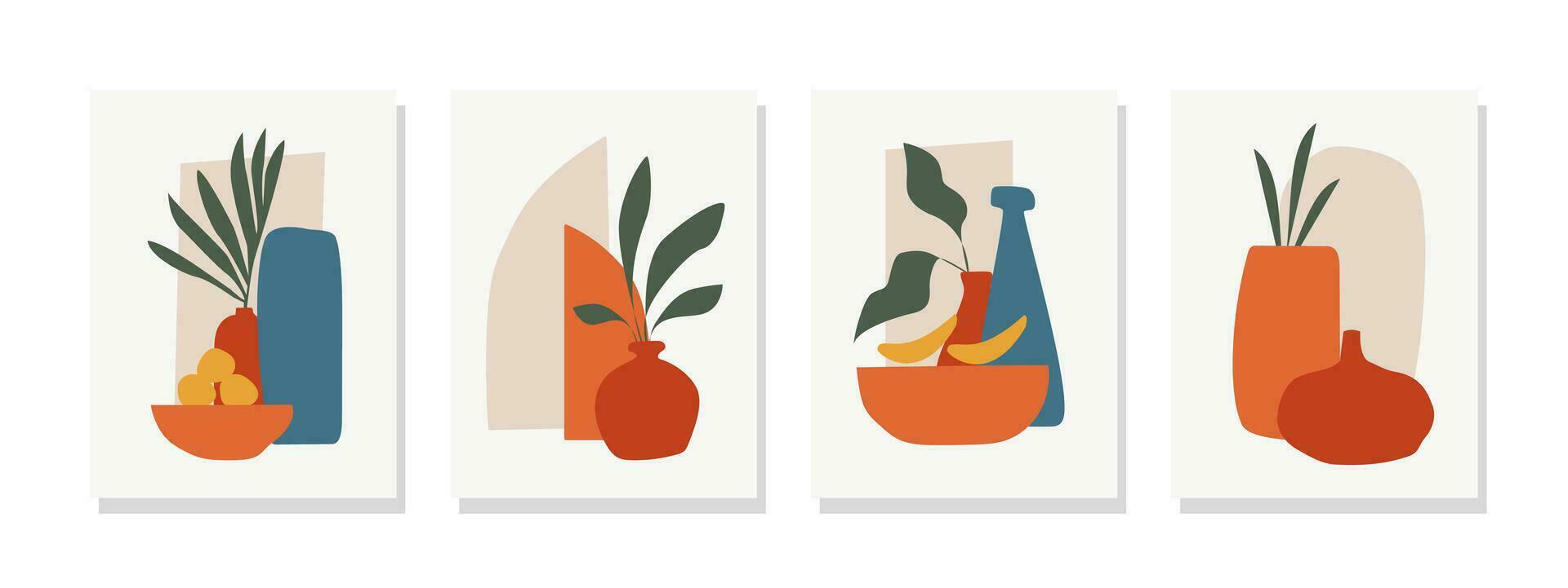 illustration av växter, kastruller och abstrakt former i botanisk vägg konst design på beige bakgrund. idealisk för vägg konst, täcker, tapeter, banderoller, flygblad, kort, posters och dekorationer. vektor