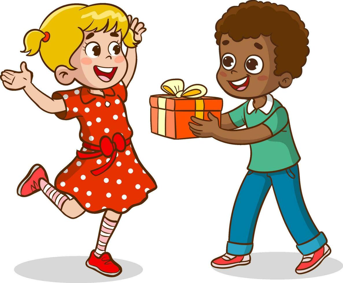 Karikatur Illustration von Kind Mädchen und Junge mit Geschenk Kisten vektor
