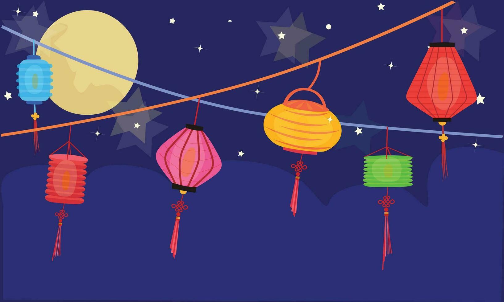 papper lykta med måne vektor illustration uppsättning. mitten höst festival begrepp. traditionell kinesisk eller asiatisk lykta. handgjort papper lampa. platt vektor i tecknad serie stil isolerat på vit bakgrund.