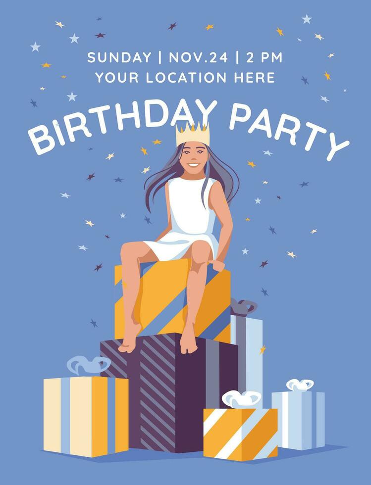 Baby Mädchen sitzt auf enorm Geschenke. feiern ein Kinder Party und Geburtstag, Karte oder Poster. Vektor eben Illustration