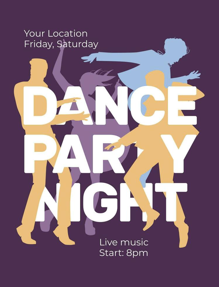 tanzen Party Nacht Werbung Poster, Postkarte. Silhouetten von Tanzen Menschen auf ein dunkel Hintergrund mit groß Text. Vektor eben Illustration