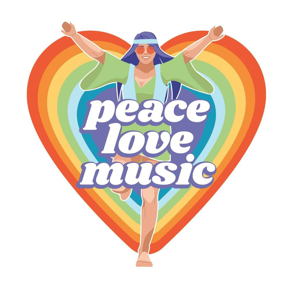 glücklich Hippie Mädchen mit öffnen Waffen auf Regenbogen Herz Hintergrund. Spaß Weg von Leben, Liebe und Frieden. isoliert auf Weiß Hintergrund. Vektor eben Illustration