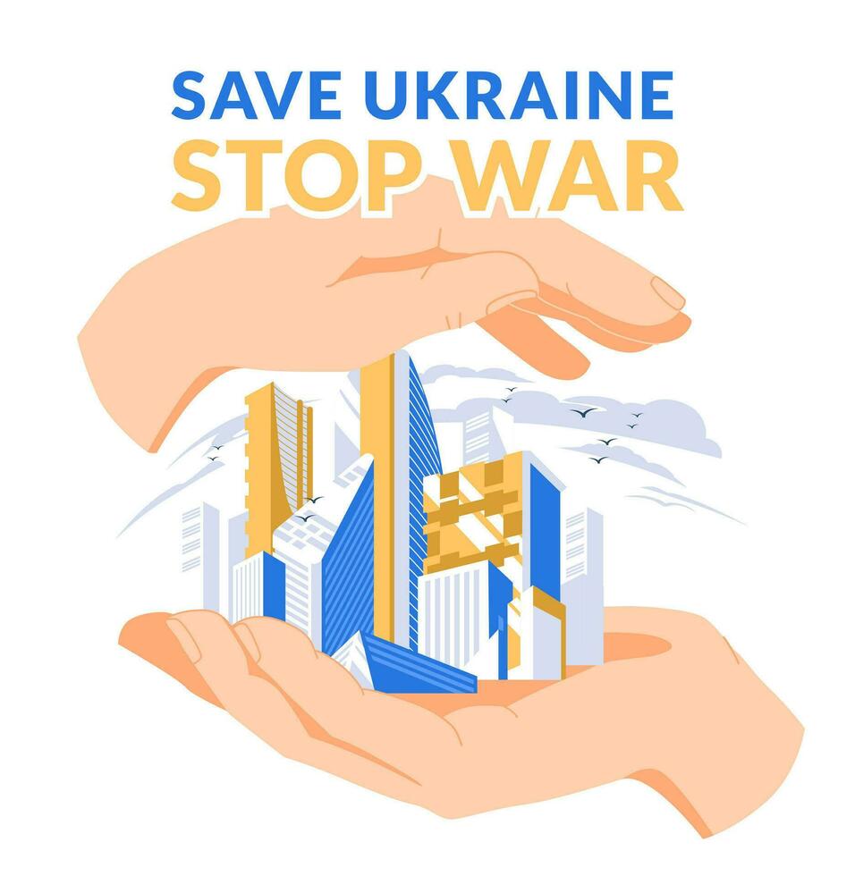 friedlich Stadt im Hände. das Idee von das Konzept ist zu schließen das Himmel und schützen ukrainisch Städte von Russisch Attacke. eben Vektor Illustration. Poster