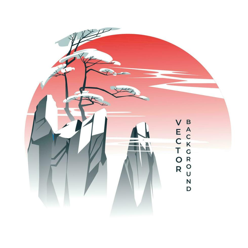 traditionell asiatisk tall träd på klippig landskap med solnedgång bakgrund. dimma, lutning. vektor illustration