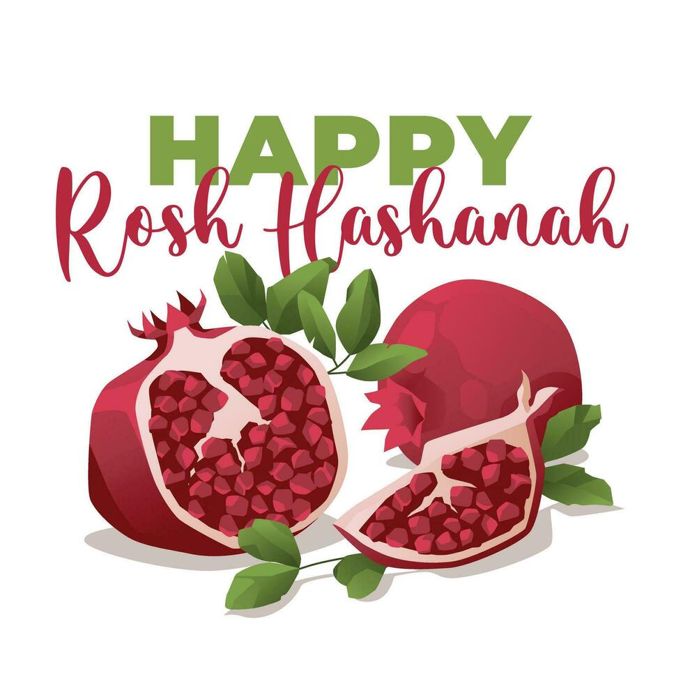 rosh hashanah hälsning kort. granatäpple frukt med löv på en vit bakgrund. vektor