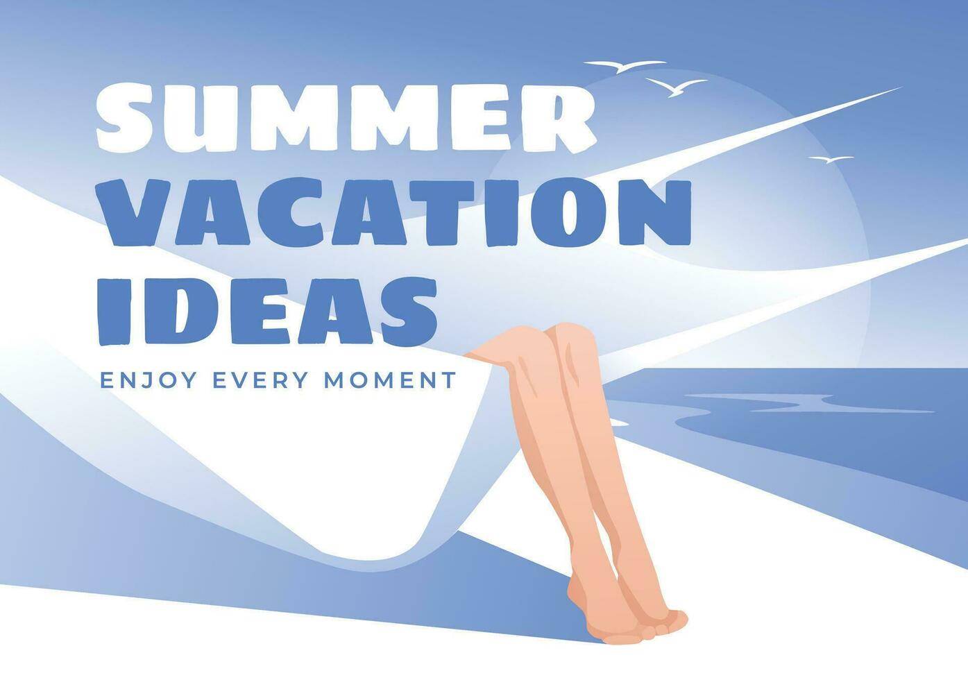 en flicka i en vit hängmatta vilar på en solig strand. enkelhet reklam baner av sommar, högtider. strand semester blå lutning bakgrund, vektor illustration