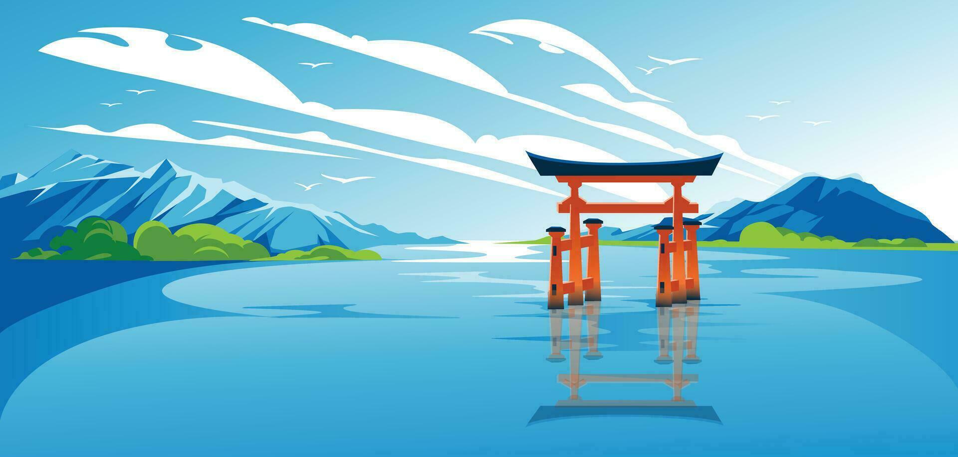 rot japanisch torii auf Blau Wasser unter Berge. Vektor Landschaft