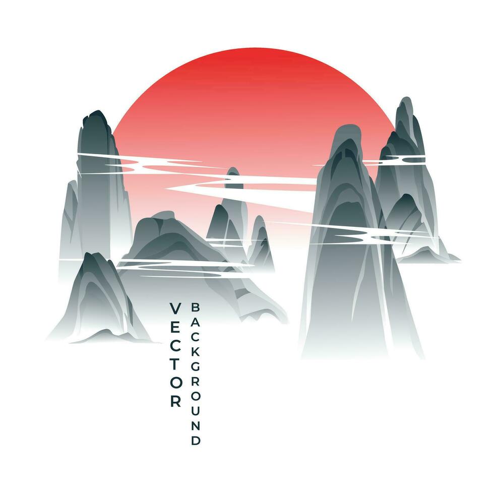 traditionell asiatisch neblig Berge Landschaft unter neblig Wolken. rot Sonnenuntergang Hintergrund. Vektor Illustration