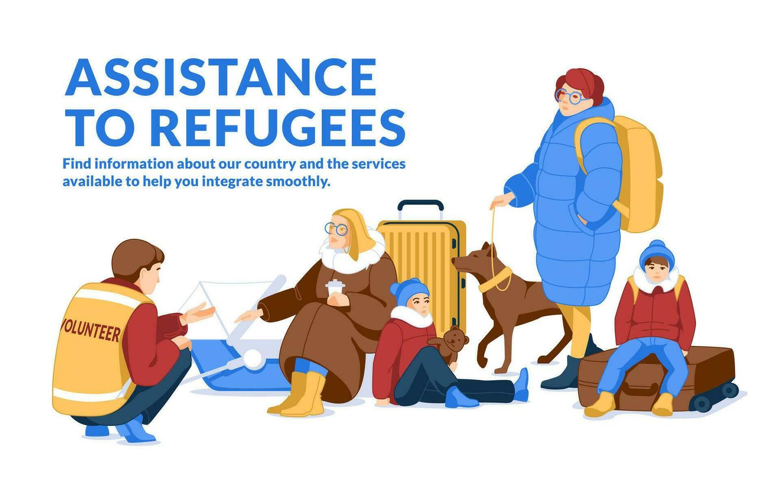 flyktingar skydd. krig och kris hemlös kvinnor och ungar. volontär- ge bistånd. platt vektor illustration.