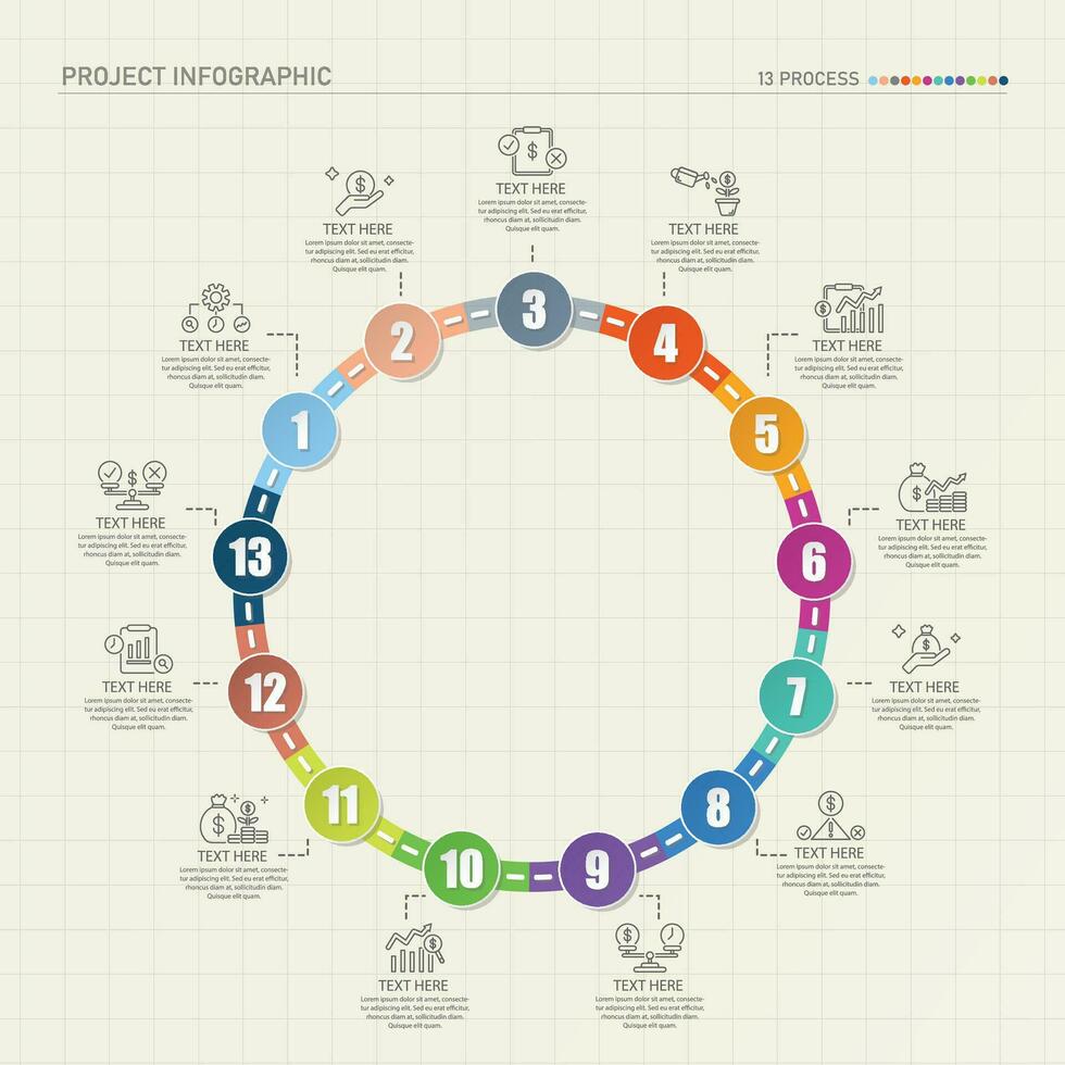 Straße Weg Infografik Kreis von 13 Schritte und Geschäft Symbole zum Finanzen Prozess Schritte. vektor