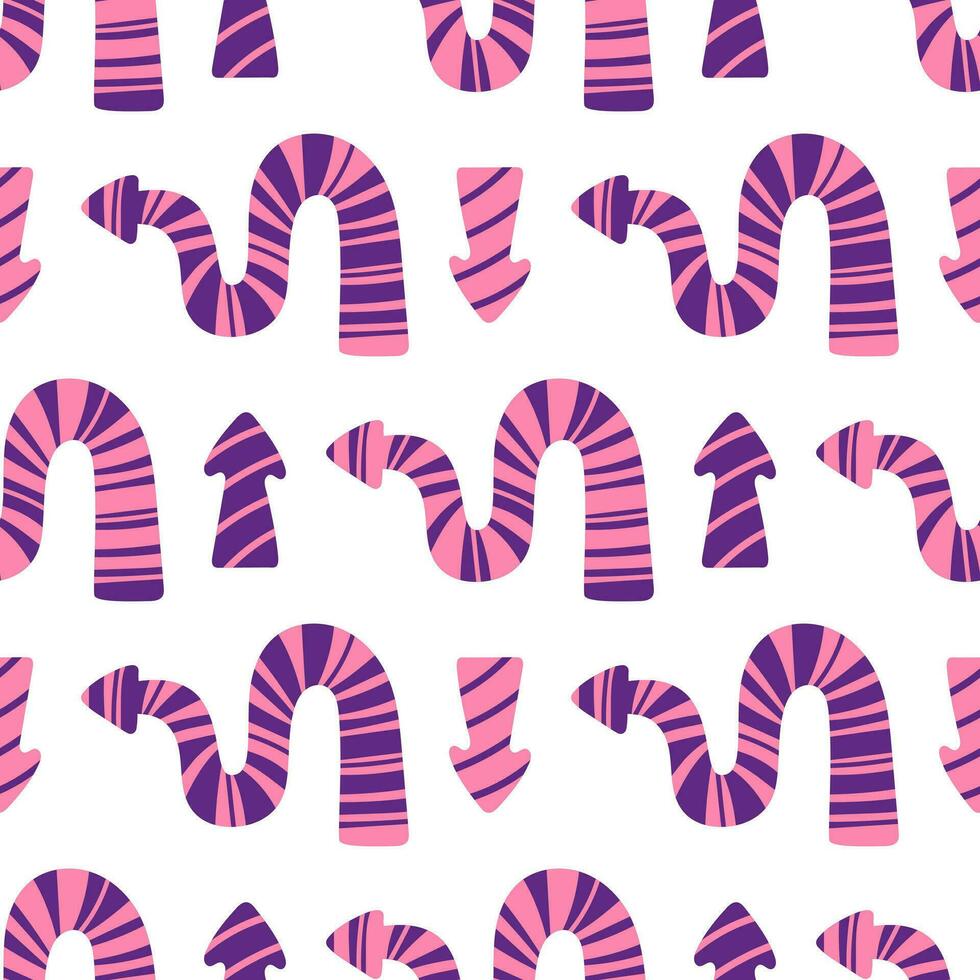 vektor färgrik sömlös mönster med lekfull lila och rosa pilar. abstrakt knäppa dynamisk randig pil på vit bakgrund. trendig barnslig texturerad pil omslag. sömlös mönster design.
