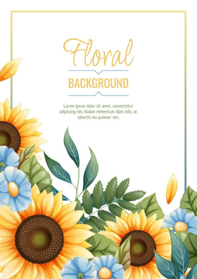 Gruß Karte Vorlage mit Sonnenblumen, Blau Gänseblümchen. Flyer, Banner mit Herbst Wildblumen. Design zum Hochzeit Einladung und Party. vektor