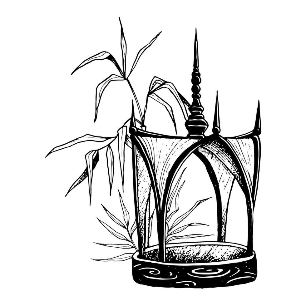 vektor paviljong med bambu grenar och stjälkar svart och vit grafisk illustration av asiatisk kultur och arkitektur