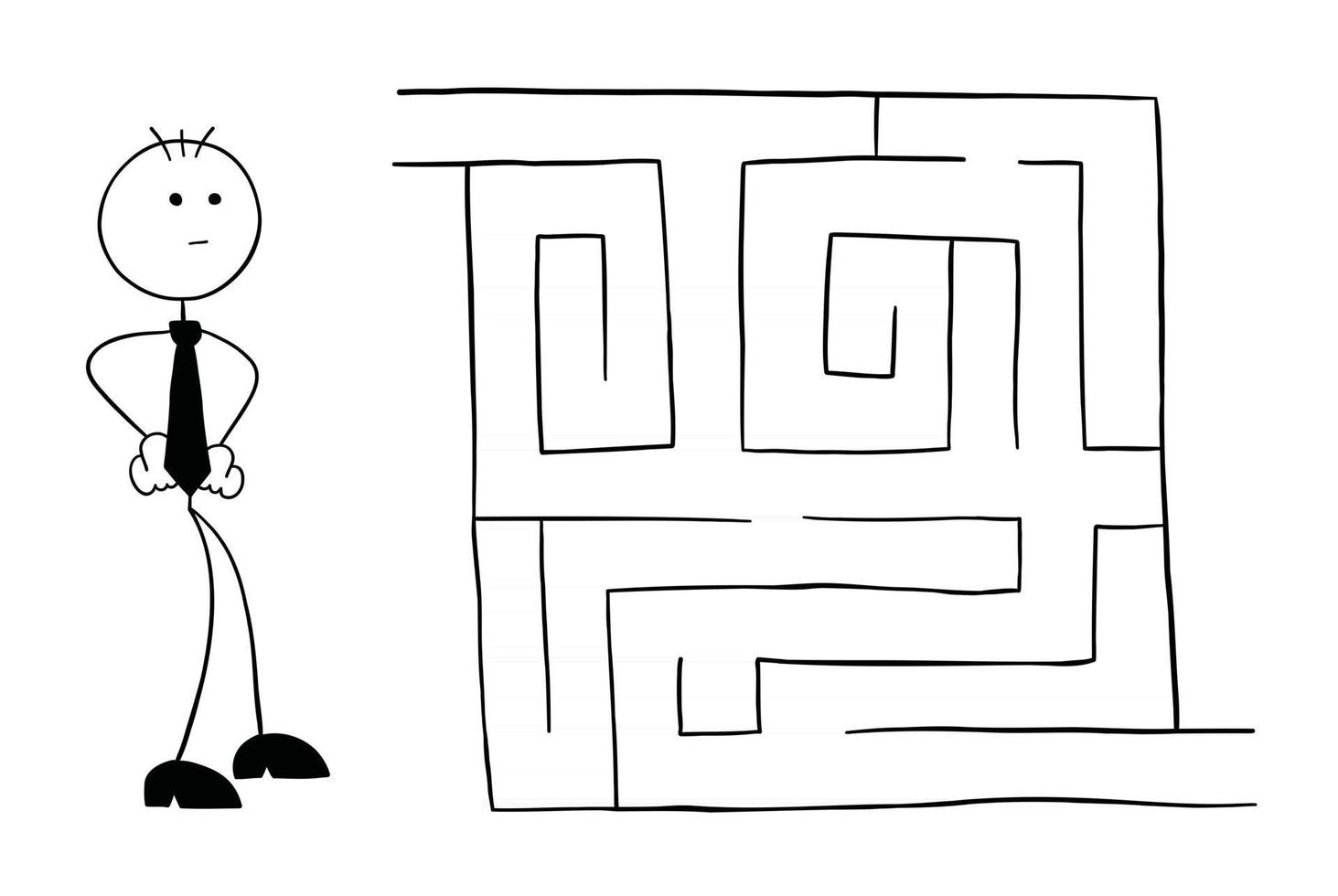Strichmännchen-Geschäftsmann-Charakter, der in das Labyrinth schaut und Vektor-Cartoon-Illustration denkt vektor