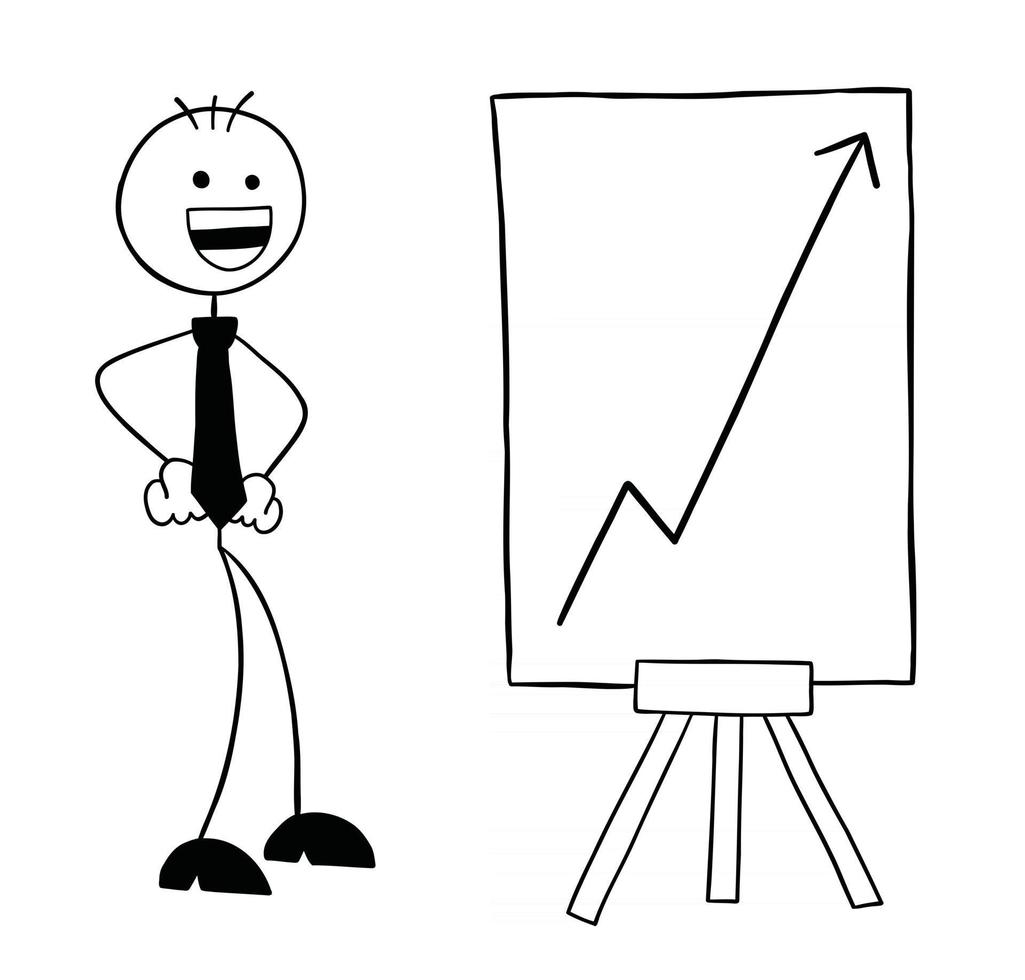 stickman affärsman karaktär med den stigande försäljning diagram och mycket glad vektor tecknad illustration