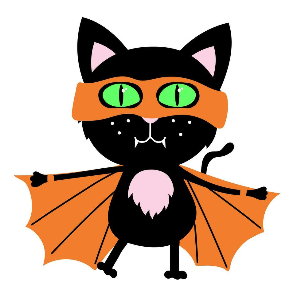 söt svart katt klädd som en fladdermus, vampyr. Lycklig halloween klistermärke av ond ande. Semester ClipArt räkna dracula vektor