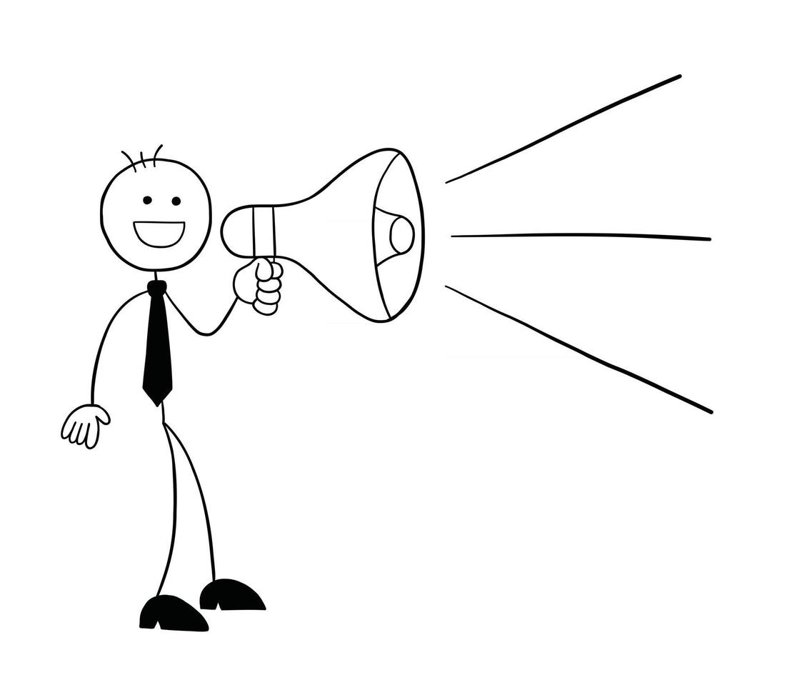 Strichmännchen-Geschäftsmann-Charakter, der mit einer Megaphon-Vektor-Cartoon-Illustration ankündigt vektor