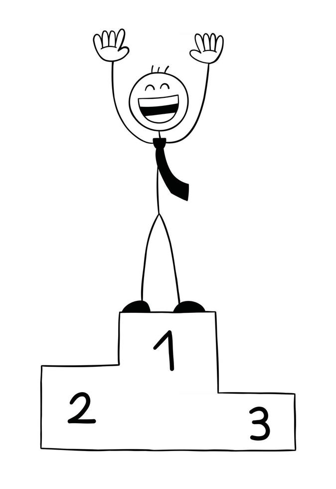 Strichmännchen-Geschäftsmann-Charakter in erster Linie auf einem Podium und sehr glückliche Vektor-Cartoon-Illustration vektor