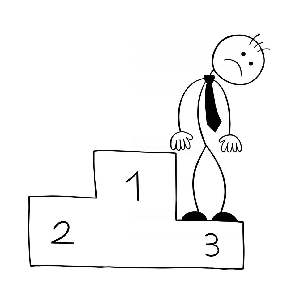 Strichmännchen-Geschäftsmann-Charakter an dritter Stelle auf einem Podium und unglückliche Vektor-Cartoon-Illustration vektor