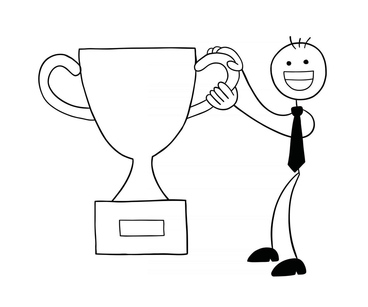 stickman affärsman karaktär glad och vann trofén vektor tecknad illustration