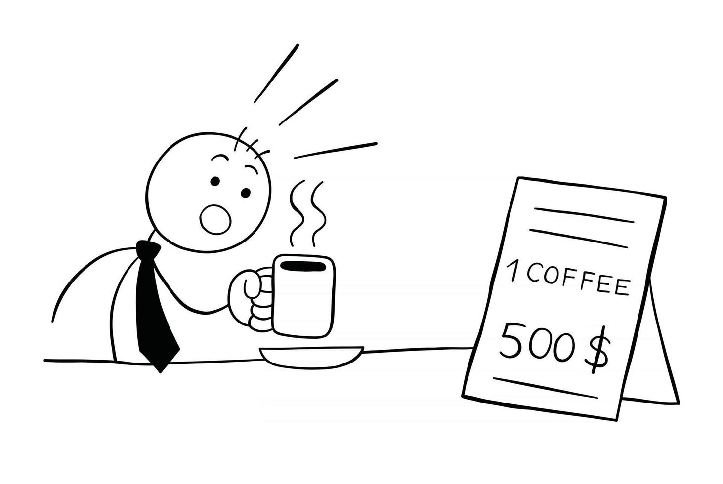 Strichmännchen-Geschäftsmann-Charakter trinkt Kaffee und ist schockiert, den teuren Preis der Kaffeevektor-Cartoon-Illustration zu sehen vektor