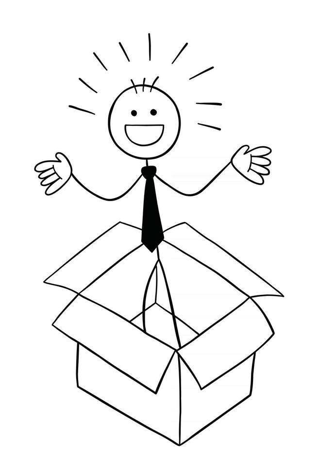 stickman affärsman karaktär i den tomma rutan och glad vektor tecknad illustration