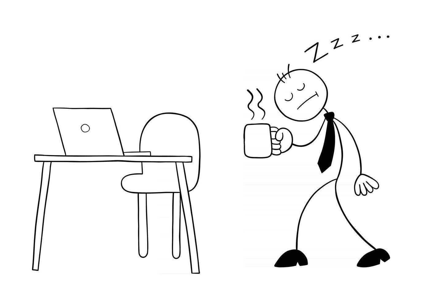 stickman affärsman karaktär mycket sömnig gå till sitt skrivbord med kaffe vektor tecknad illustration