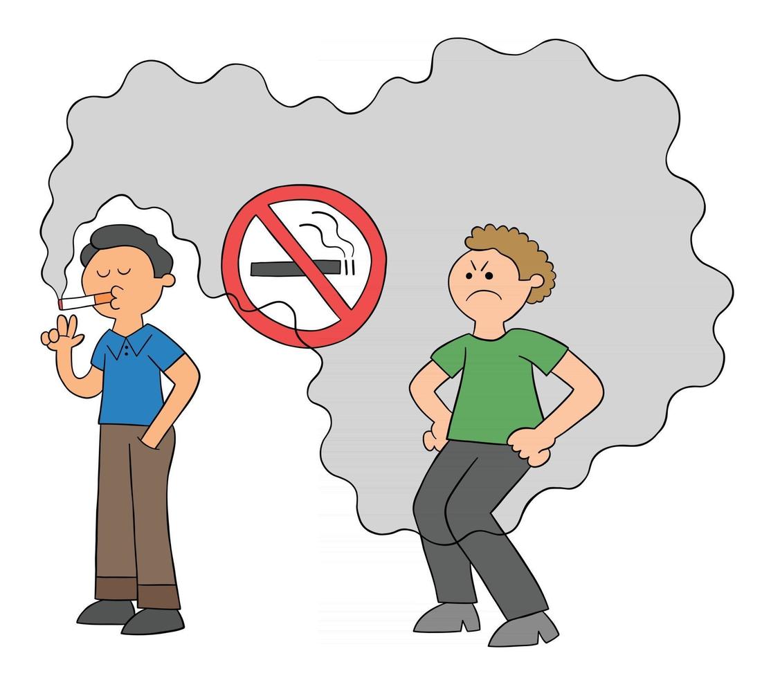 tecknad man röker på ingen rökplats och mannen bakom störs av cigarettrök vektorillustration vektor