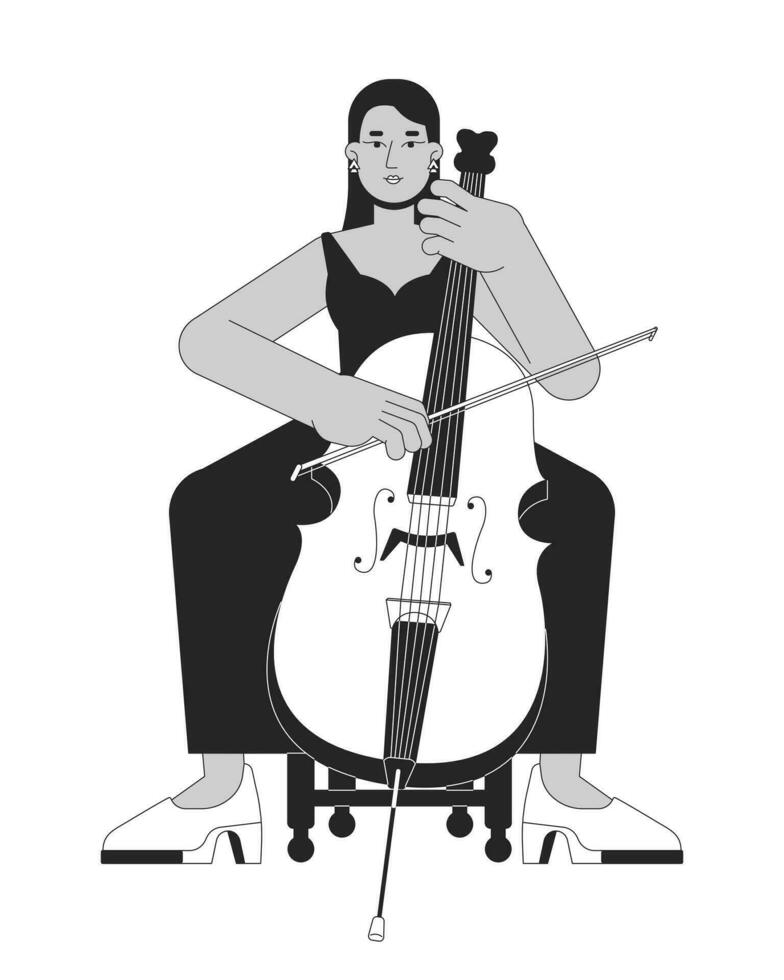 Konzert Cello Mädchen schwarz und Weiß Karikatur eben Illustration. Mitte östlichen Erwachsene Frau Musiker Cellist 2d lineart Charakter isoliert. abspielen Orchester Instrument einfarbig Szene Vektor Gliederung Bild