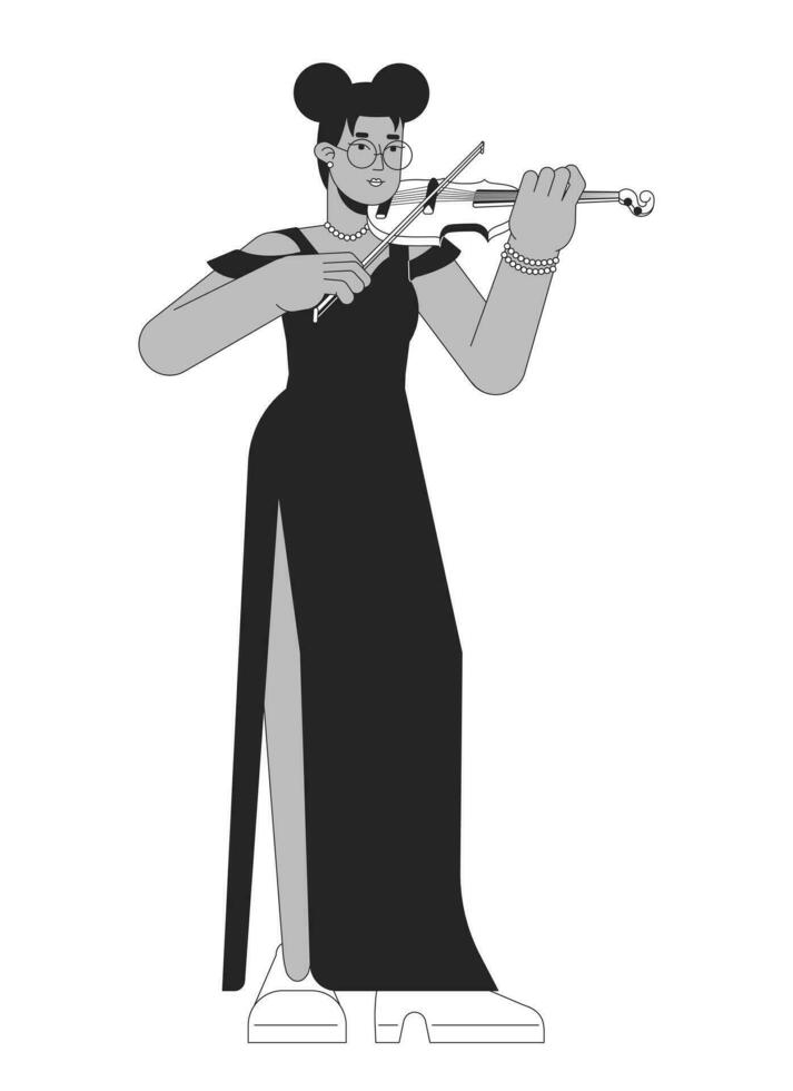 Solo Violinist weiblich schwarz und Weiß Karikatur eben Illustration. afrikanisch amerikanisch Erwachsene Frau Symphonie Geiger 2d lineart Charakter isoliert. Violine Bogen halten einfarbig Szene Vektor Gliederung Bild