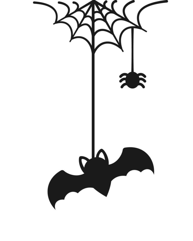 fladdermus hängande på en Spindel webb klotter silhuett, Lycklig halloween läskigt ornament dekoration vektor illustration