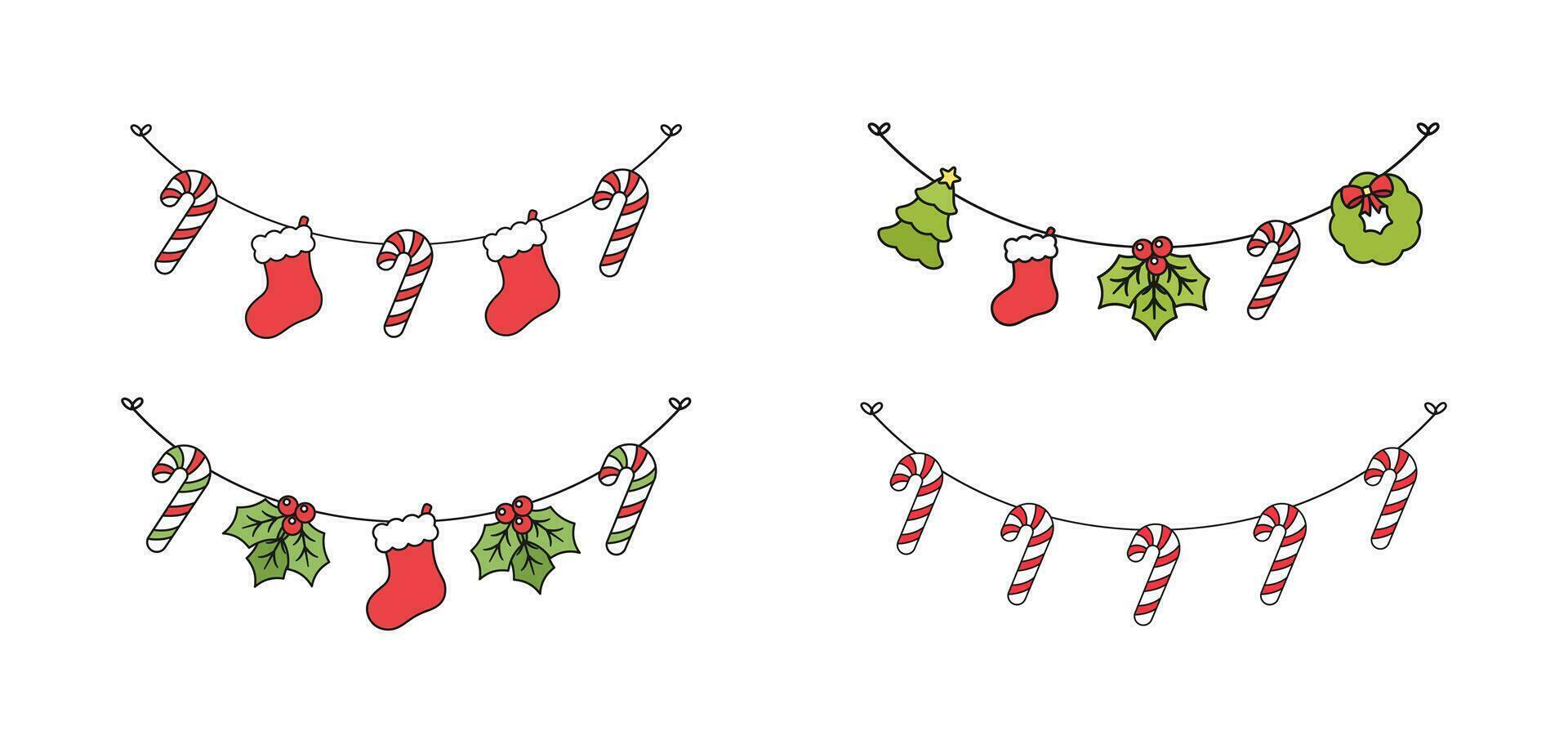 uppsättning av jul och vinter- Semester dekoration krans. jul dekoration element samling. santa hatt, strumpor, mistel, ornament, godis sockerrör. vektor illustration.