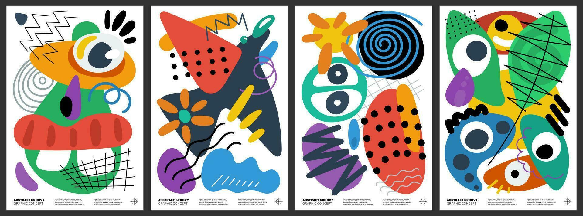 abstrakt overkligt freehand primitiv grafisk former collage affisch. modern trendig fri former galen klotter skriva ut design samling. dekorativ y2k häftig stil konst plakat mallar. psychedelic konstverk vektor