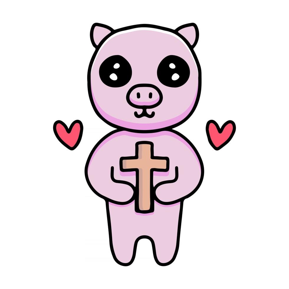 Kawaii Schwein Cartoon mit Kreuz. Illustration für Aufkleber und Kleidung vektor