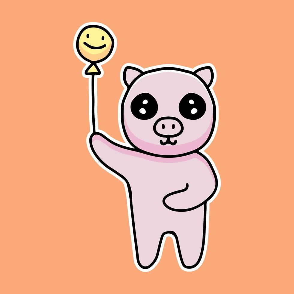 Kawaii Schwein Cartoon mit Ballon. Maskottchenillustration für Aufkleber und Kleidung vektor