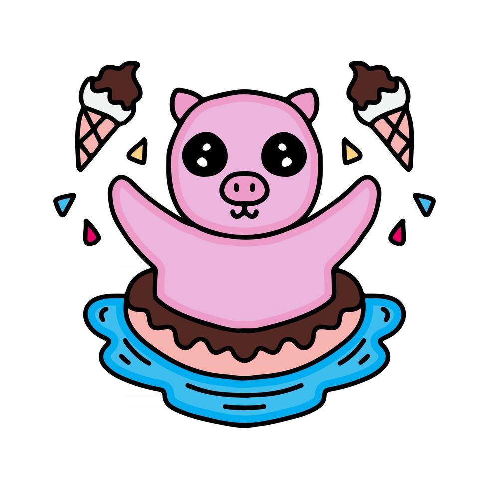 Sommerschweinkarikaturschwimmen mit Donut und Eis. Illustration für Aufkleber und Kleidung vektor