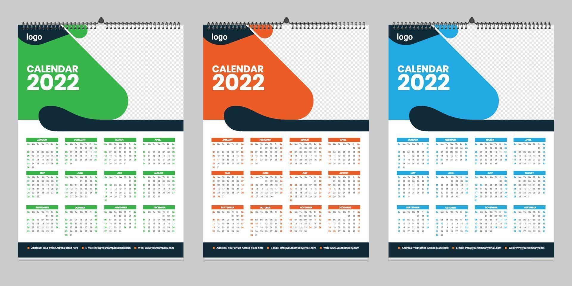 Einzelner Wandkalender 2022 Vorlagendesign mit Vektor. Planer-Tagebuch mit Platz für Foto. vektor