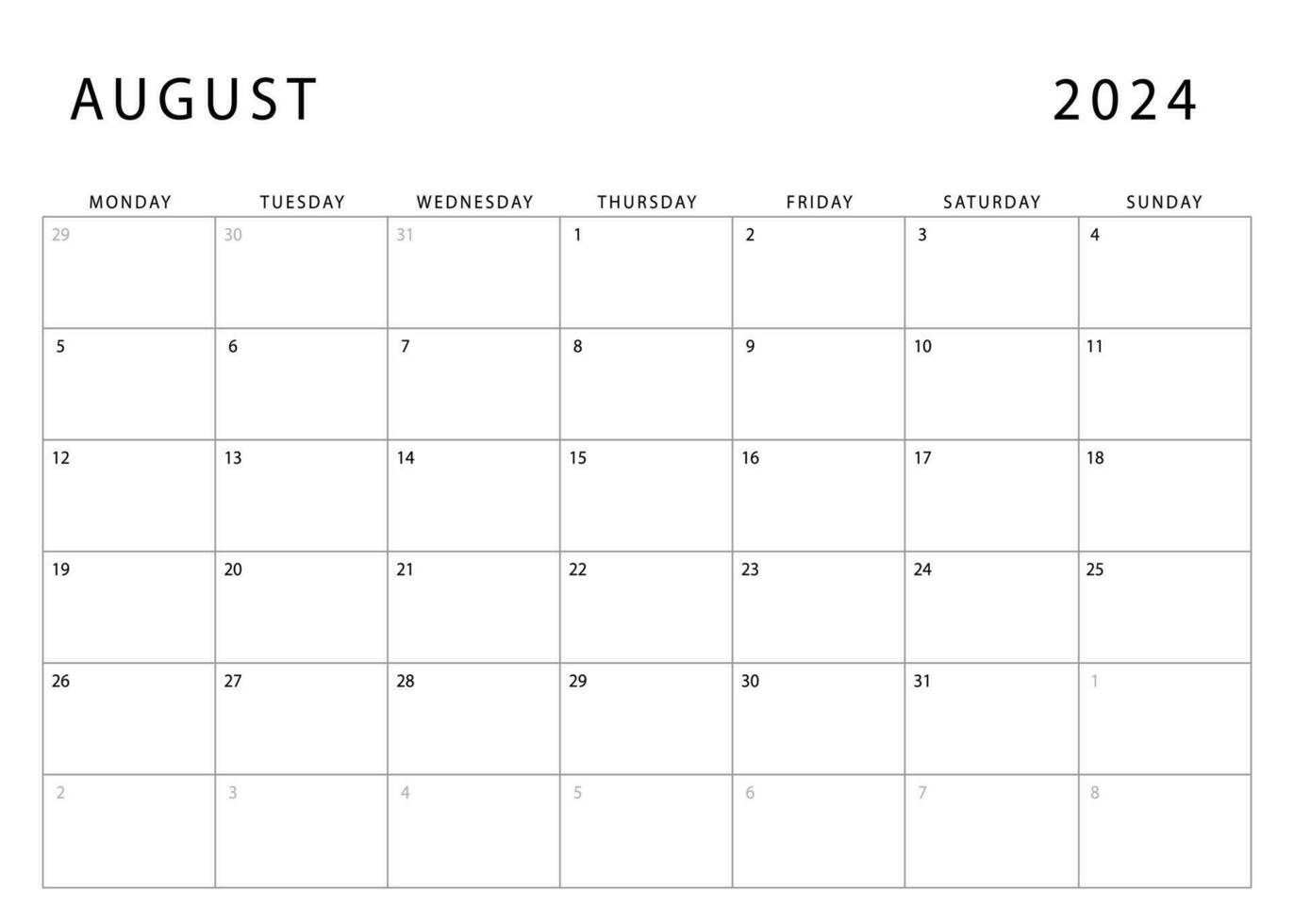 August 2024 Kalender. Montag Start. monatlich Planer Vorlage. Vektor Design