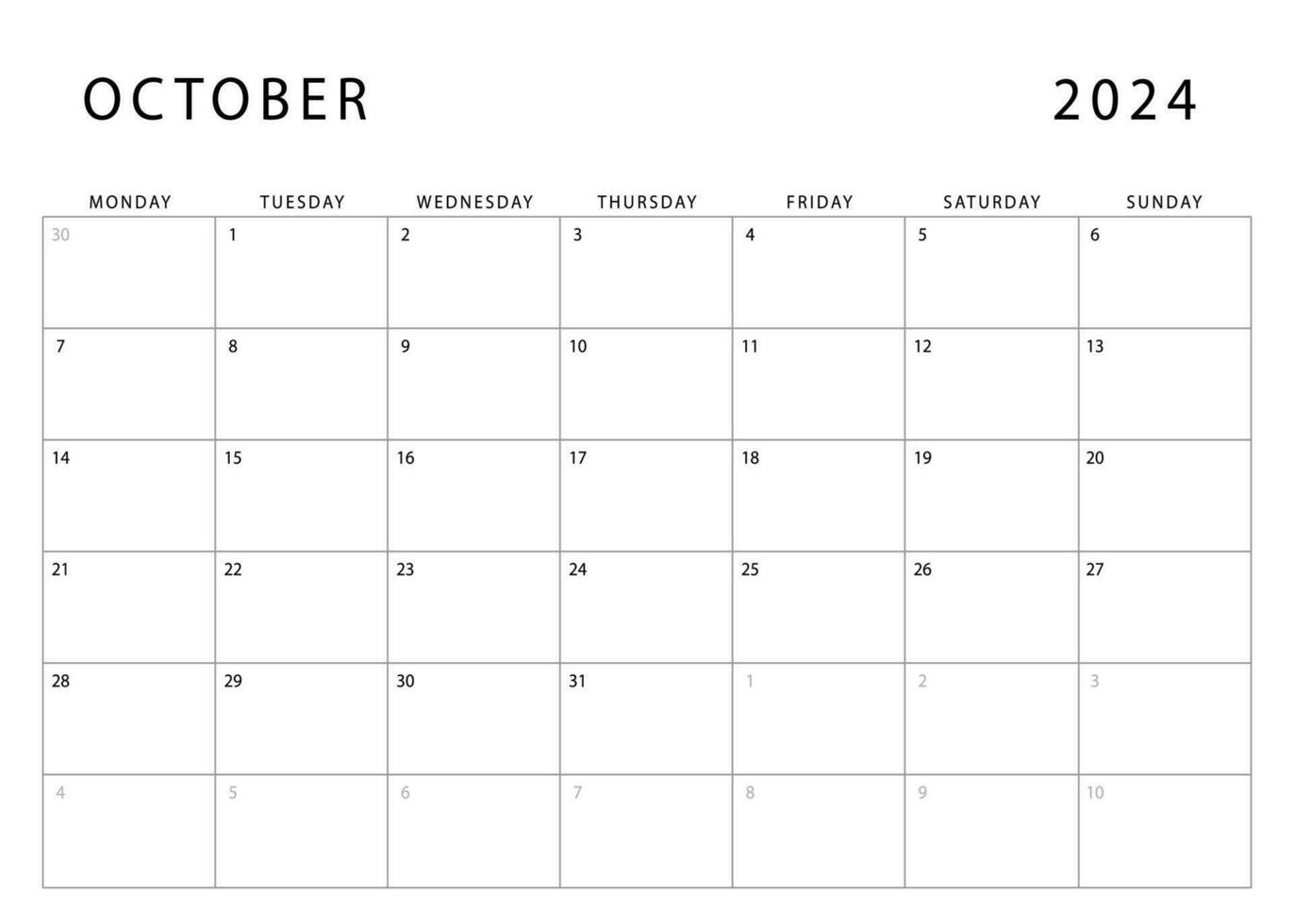 Oktober 2024 Kalender. Montag Start. monatlich Planer Vorlage. Vektor Design