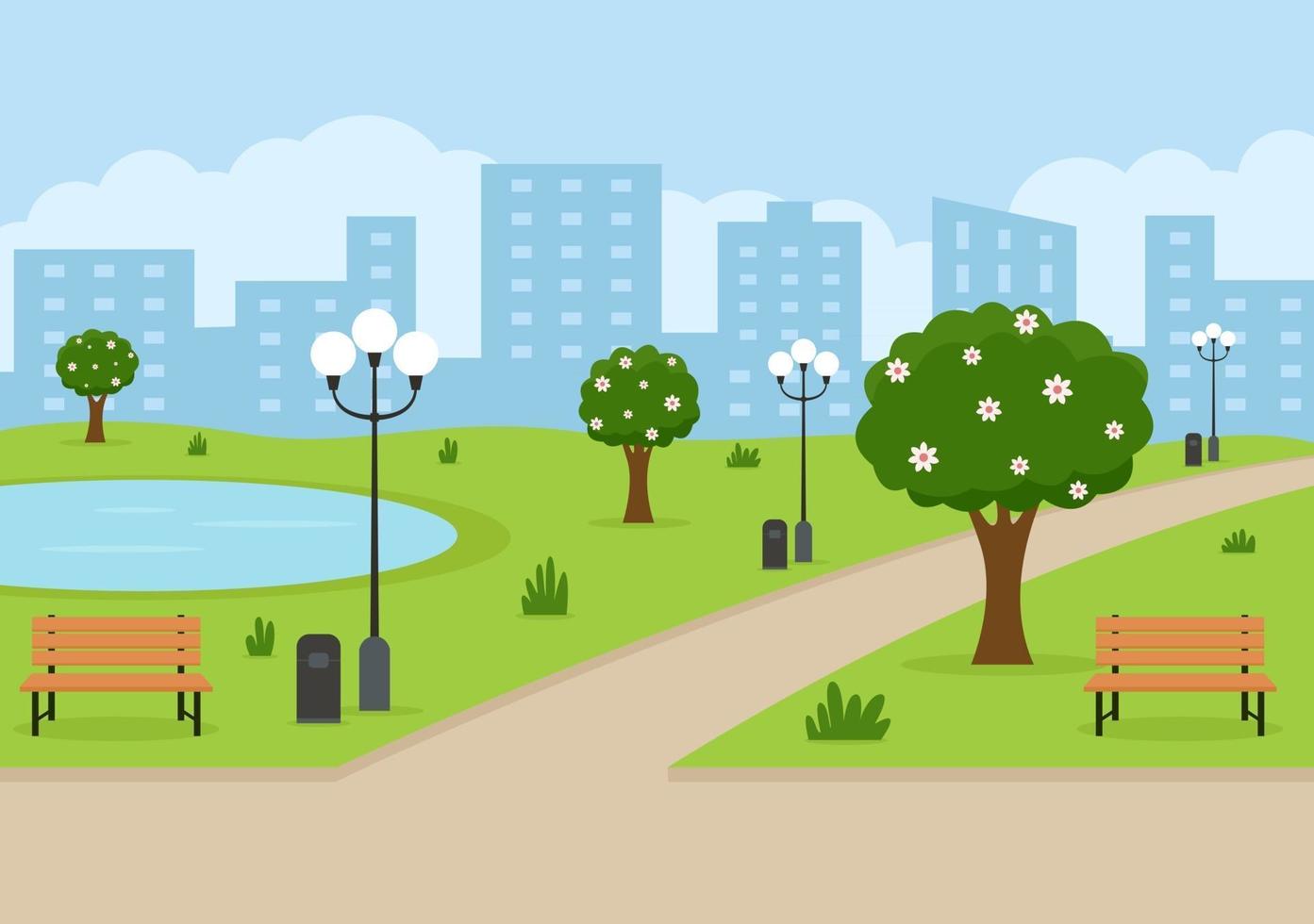 Stadtparkillustration für Leute, die Sport treiben, sich entspannen, spielen oder sich mit grünem Baum und Rasen erholen. Landschaft urbaner Hintergrund vektor