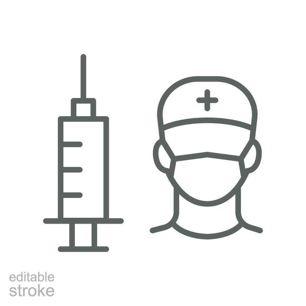 vaccin, injicera, läkare linje ikon. antiviral vaccin, immunisering skott för coronavirus vaccination. sjuksköterska medicinsk spruta symbol. redigerbar stroke vektor illustration design på vit bakgrund eps 10